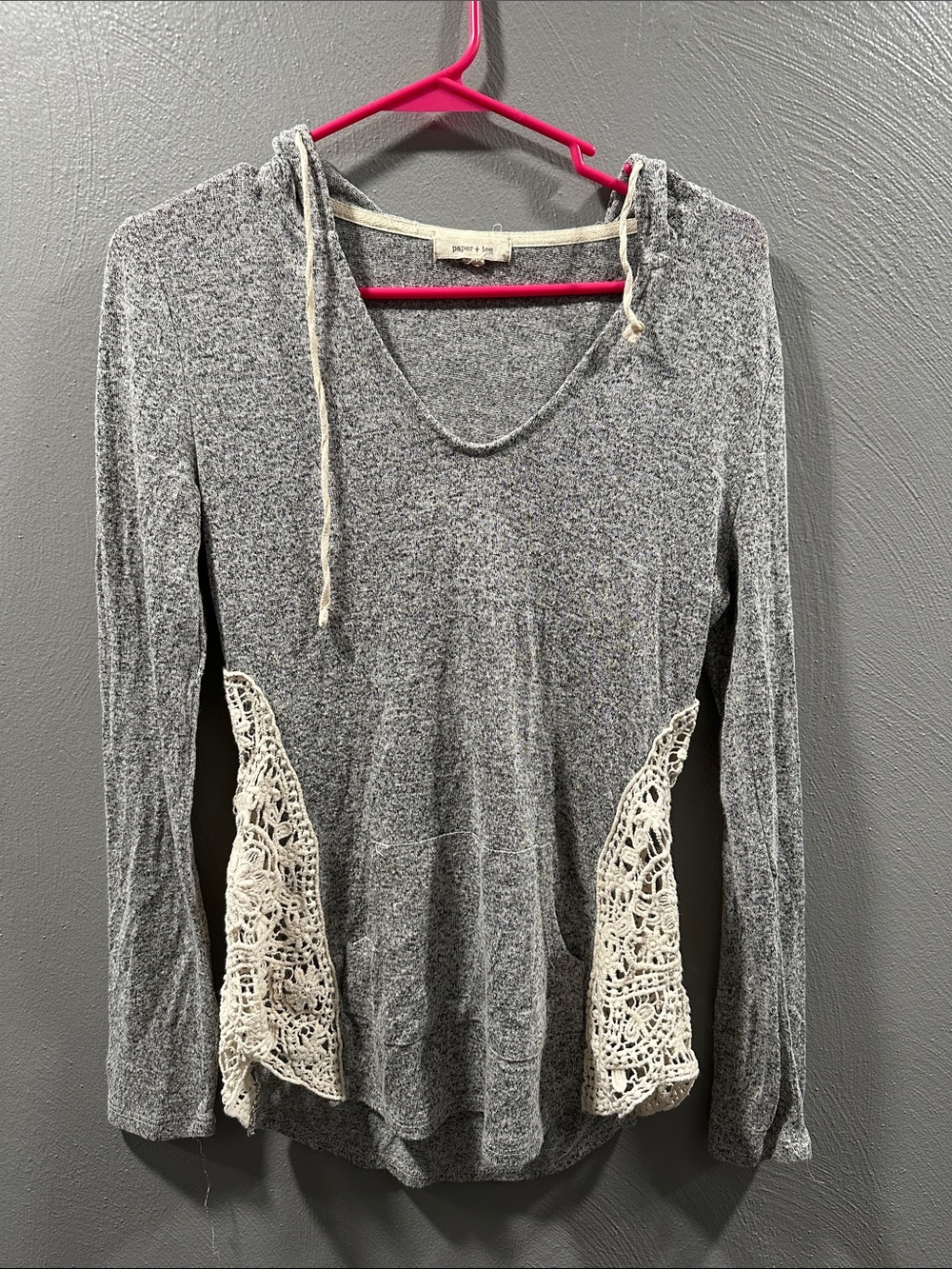 paper tee Gray Hooded Long Sleeve Top with Cream Crochet Insets